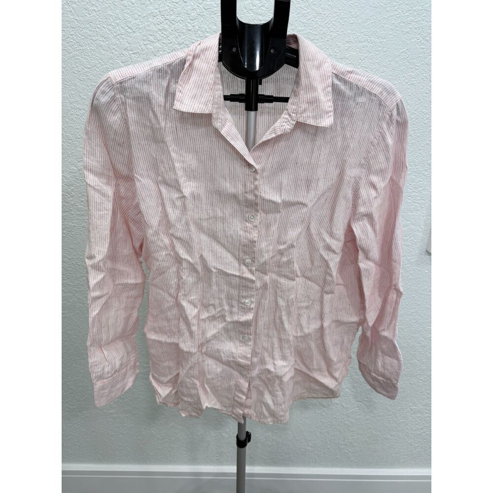 J. Jill 100% Linen Pinstriped Long Sleeve Button Up Breezy Shirt Coastal Size M